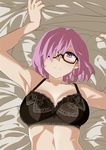  arm_up armpits black-framed_eyewear black_bra bra breasts cleavage fate/grand_order fate_(series) glasses hair_over_one_eye lace lace-trimmed_bra large_breasts looking_at_viewer lying mash_kyrielight ningen_(ningen96) on_back on_bed pink_hair purple_eyes solo sweatdrop underwear upper_body 