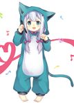  :d animal_costume bangs barefoot beamed_eighth_notes blue_eyes blue_hair blush bow cat_costume commentary_request eighth_note eromanga_sensei eyebrows_visible_through_hair fangs full_body grey_hair hair_bow hands_up heart heart_of_string highres holding izumi_sagiri kinatsu_ship long_hair looking_at_viewer musical_note open_mouth pigeon-toed purple_bow quarter_note simple_background smile solo standing stylus tareme v-shaped_eyebrows white_background 