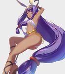  arm_up armpits bad_id bad_tumblr_id bangs banned_artist breasts dark_skin earrings egyptian egyptian_clothes fate/grand_order fate_(series) from_side grey_background hairband holding hoop_earrings jewelry knee_up long_hair looking_at_viewer low-tied_long_hair nitocris_(fate/grand_order) open_mouth purple_eyes purple_hair revealing_clothes simple_background small_breasts solo suisen thighs underboob very_long_hair 
