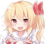  :d bad_id bad_pixiv_id blonde_hair blush bow brown_eyes coda_(ankoprpr3700) commentary_request fangs flandre_scarlet frilled_shirt_collar frills groping_motion hair_bow looking_at_viewer no_hat no_headwear open_mouth pointy_ears red_bow side_ponytail smile solo touhou upper_body v-shaped_eyebrows 