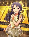  bare_shoulders black_hair blush card_(medium) dress idolmaster idolmaster_million_live! long_hair red-eyes takayama_sayoko wink 