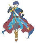  blue_eyes blue_hair cape falchion_(fire_emblem) fingerless_gloves fire_emblem fire_emblem:_monshou_no_nazo full_body gloves holding holding_sword holding_weapon looking_at_viewer male_focus marth saiba_(henrietta) sheath smile solo super_smash_bros. sword tiara unsheathing weapon white_background 