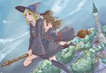  anger_vein breast_grab broom broom_riding diana_cavendish flying grabbing hat highres junktinr kagari_atsuko little_witch_academia magic multiple_girls multiple_riders tower witch witch_hat 