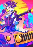  anthro car feline female fur grungecandy gun hair jewelry lion mammal necklace ranged_weapon rifle smile solo tongue tongue_out vehicle weapon 