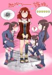  2girls brown_hair clenched_teeth crossover dress embarrassed eyes_closed female full_body izetta kagari_atsuko little_witch_academia long_hair looking_at_another multiple_girls red_hair short_hair shuumatsu_no_izetta squatting standing tagme teeth witch 