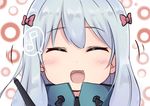 :d ^_^ absurdres bangs blush close-up closed_eyes commentary_request dyson_(edaokunnsaikouya) eighth_note eromanga_sensei eyebrows_visible_through_hair face facing_viewer fang happy highres izumi_sagiri jacket long_hair musical_note open_mouth portrait silver_hair smile solo spoken_musical_note stylus upper_body 
