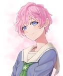  a3! blue_eyes blush green_neckwear hirayama_ityu looking_at_viewer male_focus necktie pink_hair sailor_collar sakisaka_muku smile solo upper_body 