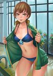  bikini blue_bikini breasts brown_eyes brown_hair cleavage jacket lasterk looking_at_viewer navel open_clothes open_jacket persona persona_4 pool satonaka_chie short_hair small_breasts smile solo stomach swimsuit tongue tongue_out 