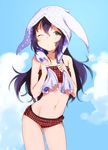  animal_ears animal_hood aqua_eyes arched_back bikini checkered checkered_bikini cloud commentary_request cowboy_shot day hair_between_eyes holding hood idolmaster idolmaster_million_live! legs_apart long_hair looking_at_viewer mimizubare mochizuki_anna navel one_eye_closed purple_hair solo standing swimsuit 