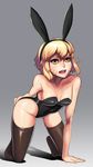  absurdres all_fours animal_costume animal_ears argo_the_rat arm_support bad_id bad_pixiv_id bare_shoulders black_legwear blonde_hair breasts breasts_apart bunny_ears bunnysuit collarbone covered_nipples grey_background groin headband highres hips medium_breasts momera open_mouth shadow short_hair sidelocks simple_background solo sword_art_online thighhighs thighs whisker_markings yellow_eyes 
