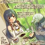  bare_shoulders black_eyes black_hair cafe cake coffee colored_pencil_(medium) commentary_request cup dated detached_sleeves dress food hair_ribbon headband holding holding_cup kamoi_(kantai_collection) kantai_collection kirisawa_juuzou long_hair mizuho_(kantai_collection) multiple_girls numbered red_ribbon ribbon sidelocks sitting smile teacup traditional_media translation_request twitter_username white_hair 