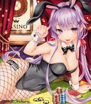  animal_ears artist_name bow bowtie breasts bunny_ears bunnysuit card casino_card_table cleavage curtains detached_collar fishnet_pantyhose fishnets low_twintails lying marker_(medium) medium_breasts on_side original pantyhose playing_card poker_chip purple_eyes purple_hair roulette solo traditional_media twintails wrist_cuffs yukitsuki_kokoro 