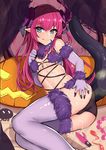  :q absurdres anal_beads armor bare_shoulders black_panties blue_eyes blush breasts breasts_apart closed_mouth commentary cosplay dangerous_beast dildo elbow_gloves elizabeth_bathory_(brave)_(fate) elizabeth_bathory_(fate)_(all) fate/extra fate/grand_order fate_(series) fur-trimmed_gloves fur-trimmed_legwear fur_trim gloves gold_trim halloween_costume hand_on_own_ass heart heart-shaped_pupils highres horns indoors jack-o'-lantern long_hair looking_at_viewer lying navel o-ring o-ring_top on_side panties pillow pink_hair pointy_ears pumpkin purple_gloves purple_legwear revealing_clothes shiny shiny_hair shiny_skin slm small_breasts smile solo sweat symbol-shaped_pupils symbol_commentary tail thighhighs tongue tongue_out underwear vibrator 