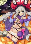  absurdres ass_visible_through_thighs bat black_panties blue_eyes blue_gloves blush breasts breasts_apart character_doll charles_henri_sanson_(fate/grand_order) cosplay cross cum cum_on_body cum_on_lower_body dangerous_beast elbow_gloves fate/grand_order fate_(series) full_moon fur-trimmed_gloves fur_trim gloves halloween_costume hat highres jack-o'-lantern lace lace-trimmed_thighhighs legs_together light_particles long_hair looking_at_viewer lying marie_antoinette_(fate/grand_order) medium_breasts moon navel o-ring o-ring_top on_back outdoors panties panty_pull purple_legwear revealing_clothes shiny shiny_hair shiny_skin sidelocks silver_hair slm solo tail thigh_gap thighhighs tombstone tree twintails underwear very_long_hair wolf_tail wolfgang_amadeus_mozart_(fate/grand_order) 