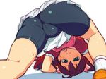  all_fours ass bike_shorts blush brown_hair from_behind green_eyes jacket kneepits legs long_hair looking_back om_(nk2007) ribbon saru_getchu sayaka_(saru_getchu) shorts shorts_under_skirt sketch skirt solo spread_legs top-down_bottom-up twintails 