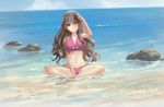  2017 beach bikini character_request copyright_request day english grey_eyes grey_hair highres indian_style long_hair navel ocean outdoors rock salute sendrawz sitting smile solo swimsuit text_focus 
