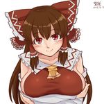  2016 ascot breast_hold breasts brown_hair commentary cookie_(touhou) detached_sleeves hakurei_reimu kanna_(cookie) large_breasts maofan_(nekohan) mature no_bra red_eyes sideboob smile solo touhou 
