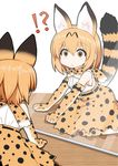  1girl :&lt; animal_ears blonde_hair bow bowtie commentary elbow_gloves extra_ears gloves high-waist_skirt kemono_friends mirror print_gloves print_skirt reflection serval_(kemono_friends) serval_ears serval_print serval_tail short_hair skirt sleeveless striped striped_legwear sudo_shinren tail wide-eyed yellow_eyes 