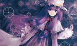 capelet closed_mouth crescent crescent_moon_pin dogezachan expressionless hair_ribbon hat hexagram highres long_hair looking_at_viewer mob_cap neck_ribbon pajamas patchouli_knowledge purple_eyes purple_hair ribbon robe solo star star_of_david striped touhou tress_ribbon upper_body 