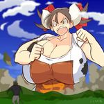  1girl angry animal_print animated animated_gif apron breasts brown_hair cleavage collarbone cow_girl cow_girl_(hataraki) cow_horns cow_print female giantess gigantic_breasts hataraki_ari horns open_mouth original outdoors sukimi twintails yellow_eyes 