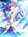  armor armored_boots blue_eyes boots coat crotch_plate fate/extra fate/extra_ccc fate/grand_order fate_(series) hair_ribbon long_hair meltlilith midriff navel purple_hair renta_(deja-vu) ribbon sleeves_past_wrists smile solo very_long_hair 