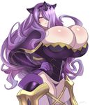  1girl areola_slip areolae armor artist_name blush breasts bursting_breasts camilla_(fire_emblem_if) cleavage curvy fire_emblem_if g-string gigantic_breasts hand_on_hip lipstick long_hair naughty_face panties parted_lips purple_eyes purple_hair smile solo standing thick_thighs thighs thong tiara very_long_hair watermark wavy_hair wide_hips zetarok 