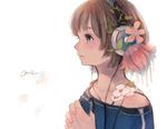  bare_shoulders brown_hair digital_media_player flat_chest flower from_side hair_flower hair_ornament headphones highres lips listening_to_music nose off-shoulder_sweater orie_h original short_hair solo spaghetti_strap sweater upper_body 