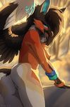  2017 anthro avian beak blue_eyes breasts butt feathered_wings feathers female hioshiru nipples nude smile solo tongue tongue_out wings 