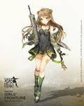  :&gt; ankle_cuffs anmi assault_rifle black_dress black_gloves blush bow breasts brown_hair bullpup choker dog_tags double_bun dress fingerless_gloves fur_trim girls_frontline glint gloves green_eyes gun hair_bow highres jacket kel-tec kel-tec_rfb long_hair mary_janes off_shoulder official_art rfb_(girls_frontline) rifle shoes single_glove small_breasts smile socks solo striped striped_legwear thigh_strap trigger_discipline vertical-striped_legwear vertical_stripes weapon 