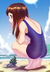  back barefoot beach brown_eyes brown_hair cloud crab day dirty_feet feet hands_on_own_cheeks hands_on_own_face hermit_crab highres long_hair looking_to_the_side ocean original outdoors school_swimsuit seashell shell sky soles solo soon squatting swimsuit tiptoes water 
