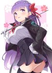  ass bb_(fate)_(all) bb_(fate/extra_ccc) black_legwear bow breasts cape fate/extra fate/extra_ccc fate_(series) gloves hair_bow hair_ribbon hand_on_hip holding holding_wand large_breasts long_hair mamedenkyuu_(berun) parted_lips pointer purple_eyes purple_hair ribbon shirt_tucked_in solo thighhighs thighs very_long_hair wand white_gloves 