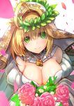  ahoge bangs blonde_hair blurry bouquet breasts bridal_veil chain chain_necklace cleavage depth_of_field detached_collar dress fate/extra fate/extra_ccc fate_(series) flower from_above green_eyes hair_between_eyes highres holding holding_bouquet large_breasts lock looking_at_viewer nero_claudius_(bride)_(fate) nero_claudius_(fate)_(all) petals rose short_hair solo u_rin upper_body veil wedding_dress white_sleeves wreath 