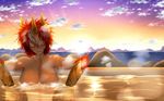  bathing breasts clenched_teeth closed_eyes dein_(g) g_(desukingu) grin highres horns large_breasts monster_girl multicolored_hair nude ocean onsen original outdoors red_hair sky smile solo streaked_hair sun sunset teeth white_hair 