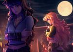  animal_ears bakki belt black_gloves blake_belladonna blonde_hair cat_ears commentary full_moon gloves long_hair midriff moon multiple_girls parted_lips profile purple_eyes rwby yang_xiao_long 