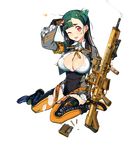  ;p armband assault_rifle asymmetrical_bangs bangs black_gloves boots breasts bullet cleavage cropped cropped_jacket earrings eyebrows_visible_through_hair fingerless_gloves full_body g28_(girls_frontline) girls_frontline gloves gradient_hair green_hair gun h&amp;k_g28 hand_on_own_head jewelry large_breasts long_hair magazine_(weapon) mole mole_on_breast multicolored_hair no_bra one_eye_closed one_side_up orange_legwear pouch red_eyes rifle sitting solo star thigh_strap thighhighs tongue tongue_out transparent_background two-tone_hair unbuttoned unbuttoned_shirt underbust ushi_(newrein) wariza weapon 