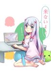  &gt;_&lt; :&lt; absurdres artist_name ass bangs barefoot blue_eyes blush bow bow_panties cameltoe computer datew eromanga_sensei full_body hair_bow highres izumi_sagiri laptop long_hair looking_at_viewer looking_back low-tied_long_hair nose_blush off_shoulder panties pink_bow pink_panties shirt silver_hair solo speech_bubble striped striped_panties stuffed_toy t-shirt table tablet translation_request underwear 