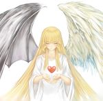  angel angel_and_devil angel_wings asymmetrical_wings blonde_hair change_of_heart closed_eyes demon demon_wings duel_monster erementa highres long_hair solo wings yuu-gi-ou yuu-gi-ou_duel_monsters 