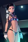  bikini black_eyes black_hair blue_submarine_no_6 breasts full_moon gloves headset highres kino_mayumi looking_at_viewer moon navel short_hair small_breasts solo swimsuit typo_(requiemdusk) underboob wet white_gloves zipper 