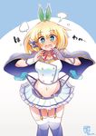  1girl blonde_hair blue_eyes blush breasts gloves hair_ornament midriff navel open_mouth ribbon rokudenashi_majutsu_koushi_to_akashic_record rumia_tingel school_uniform short_hair skirt thighhighs 