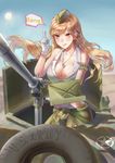  absurdres ammunition_belt armlet bang between_breasts blacksonata5 blonde_hair breasts browning_m2 bullet car cleavage dog_tags finger_gun girls_frontline gloves ground_vehicle gun hat highres jeep large_breasts licking_lips long_hair m2hb_(girls_frontline) machine_gun motor_vehicle orange_eyes shirt sleeveless sleeveless_shirt solo speech_bubble tongue tongue_out weapon 