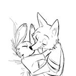 anthro black_and_white canine clothed clothing disney eyes_closed female female/female fox fur hand_on_head interspecies judy_hopps kissing lagomorph lying mammal monochrome on_back rabbit replytoanons simple_background skye_(zootopia) white_background zootopia 