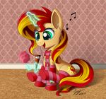  blonde_hair clothing cutie_mark detailed_background duskie-06 equestria_girls equine feral green_eyes hair hooves horn legwear magic mammal my_little_pony open_mouth red_hair scarf sitting smile socks solo sunset_shimmer_(eg) unicorn 