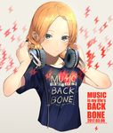  bad_id bad_pixiv_id blonde_hair blue_eyes clothes_writing commentary_request dated flat_chest forehead haruhito_katsuki headphones headphones_around_neck highres long_hair looking_at_viewer original sennheiser shirt solo t-shirt 