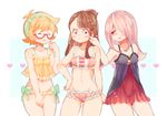  babydoll bikini blush bow breasts brown_hair cleavage closed_eyes collarbone commentary_request freckles frilled_bikini frills glasses groin hair_bow hair_over_one_eye hairband heart kagari_atsuko kiocotton little_witch_academia long_hair lotte_jansson multiple_girls navel open_mouth orange_hair pink_hair red_eyes short_hair simple_background small_breasts sucy_manbavaran swimsuit 