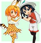  animal_ears backpack bag black_gloves black_hair bow bowtie commentary_request elbow_gloves gloves hair_between_eyes hat hat_feather helmet high-waist_skirt highres kaban_(kemono_friends) kemono_friends multicolored_hair multiple_girls pantyhose pith_helmet red_shirt sat-c serval_(kemono_friends) serval_ears serval_print serval_tail shirt short_hair shorts skirt sleeveless sleeveless_shirt striped_tail tail wavy_hair 