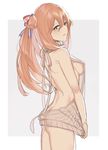  a821 backless_outfit bare_arms bare_back breasts brown_hair cowboy_shot girls_frontline green_eyes hair_between_eyes hair_ribbon long_hair looking_at_viewer m1903_springfield_(girls_frontline) medium_breasts meme_attire naked_sweater ribbon sideboob simple_background solo sweater turtleneck turtleneck_sweater virgin_killer_sweater white_background 