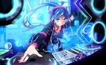  blue_eyes blue_hair breasts commentary dj headphones holographic_interface holographic_monitor jewelry leaning_forward listening_to_music long_hair medium_breasts neon_trim original phonograph ponytail pot-palm ring smile solo speaker turntable very_long_hair 