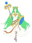  armor bare_shoulders breasts full_body green_eyes green_hair jewelry kid_icarus kid_icarus_uprising large_breasts long_hair looking_at_viewer necklace palutena saiba_(henrietta) simple_background smile solo super_smash_bros. thighhighs tiara very_long_hair weapon white_background 