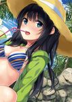  :d bangs bikini black_hair blue_bikini blue_eyes blue_sky blush braid breasts cloud cloudy_sky collarbone day drink drinking_straw dutch_angle eyebrows_visible_through_hair green_jacket hat highres jacket long_hair looking_at_viewer medium_breasts open_clothes open_jacket open_mouth original outdoors palm_tree rock side_braid sky smile solo straw_hat striped_bikini_top swimsuit teeth tree unasaka_ryou upper_body 