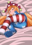  1girl american_flag_legwear american_flag_print artist_request ass bed blonde_hair blush clownpiece eyes_closed hat jester_cap long_hair lying on_side pantyhose shiny shiny_clothes shiny_hair sleeping solo touhou very_long_hair 